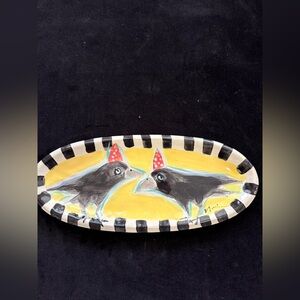 Handmmade Ceramic Serving Tray “Crow Buddies Design On Yellow 13” x5.5”Original